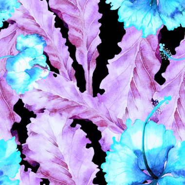 Yaz döngüsü. Suluboya tropik çiçekler ve canavar yaprakları. Palm ve Hibiscus ormanları pürüzsüz. Bahar Hawaii suluboya geçmişi. Avuç içleri, canavarlar, mayo izleri..