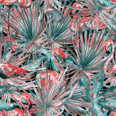Flamingo deseni. Tropik yaz yeşili kırmızı iz. Kuşlarla dolu egzotik bahar tekstil arka planı. Moda Hawai Ormanı tekrar eden pürüzsüz fayanslar. Palm Botanik mayo tasarımı. Miami Vahşi Hayatı.