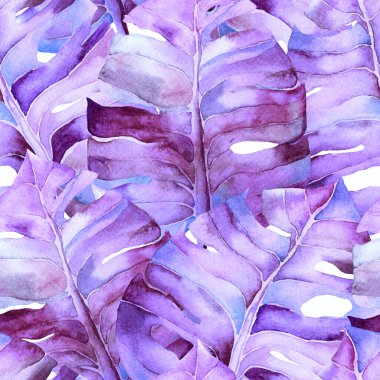 Egzotik desen. Suluboya tropik çiçekler ve canavar yaprakları. Palm ve Hibiscus bitkileri kusursuz desende. Bahar Hawaii suluboya geçmişi. Tropik palmiyeler, canavarlar, çiçek desenleri..