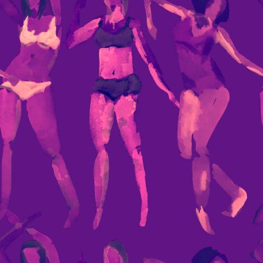 Yaz plajı deseni. Mayolu insanlar kuyrukta bekliyor. Kırmızı pembe renkli kız baskısı. Tropik Hawai suluboyası, pürüzsüz fayans. Bikini Miami kızları güneşlendiriyor. Bikinili kadınlar.