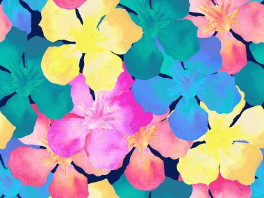 Hawaii suluboya deseni. Gökkuşağı çiçekli tropikal iz. Hibiscus ve zakkum Hawaii 'de. Aloha mayo tasarımı. Egzotik buket moda illüstrasyonu. Suluboya yatay fayans.