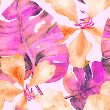 Pembe kırmızı egzotik desen. Suluboya tropik yapraklar. Palm ve Hibiscus ormanları pürüzsüz. Bahar Hawaii suluboya geçmişi. Avuç içleri, canavarlar, mayo izleri..