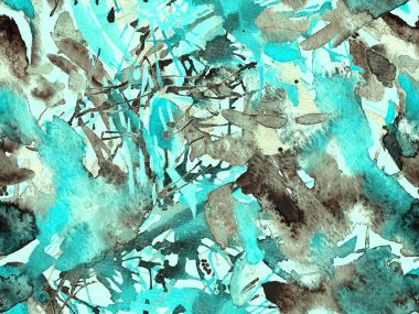 Sıvı, pürüzsüz desen. Mavi suluboya fırça darbesi grunge fayans. Suluboya kaotik sıçrama boya tasarımı. Elle çizilmiş mürekkep lekeleri. Toprak sıçrama deseni. Sıvı damlayan fırça sonsuz iz. 