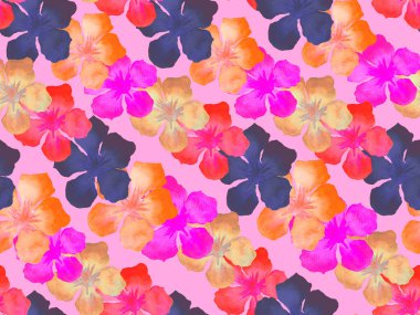 Hawaii suluboya deseni. Pembe kırmızı tropikal desensiz çiçek deseni. Hibiscus ve zakkum Hawaii 'de. Aloha mayo tasarımı. Egzotik buket moda illüstrasyonu. Suluboya yatay fayans.