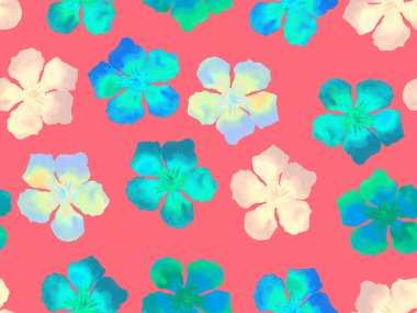 Hawaii suluboya deseni. Pembe kırmızı tropikal desensiz çiçek deseni. Hibiscus ve zakkum Hawaii 'de. Aloha mayo tasarımı. Egzotik buket moda illüstrasyonu. Suluboya yatay fayans.