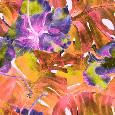 Tatil düzeni. Suluboya tropik çiçekler ve canavar yaprakları. Palm ve Hibiscus bitkileri kusursuz desende. Bahar Hawaii suluboya geçmişi. Avuç içleri, canavarlar, mayo izleri..