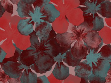 Hawaii suluboya deseni. Pembe kırmızı tropikal desensiz çiçek deseni. Hibiscus ve zakkum Hawaii 'de. Aloha mayo tasarımı. Egzotik buket moda illüstrasyonu. Suluboya yatay fayans.