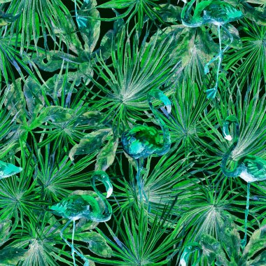 Flamingo deseni. Tropik yaz siyah yeşil baskısı. Kuşlarla dolu egzotik bahar tekstil arka planı. Moda Hawai Ormanı tekrar eden pürüzsüz fayanslar. Palm Botanik mayo tasarımı. Miami Vahşi Hayatı.