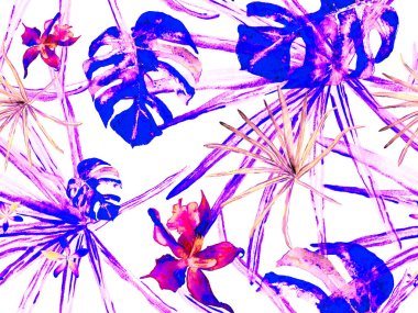 Orkideli mayo baskısı, Palm Leaves. Orkide Kusursuz Desen. Suluboya Çiçek Geçmişi. Tropik Yaz Baskısı. Egzotik Hawaii Tasarımı. Tayland döşeme dokusu. Pembe ve Mor