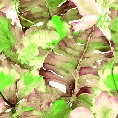 Yaz döngüsü. Suluboya tropik çiçekler ve canavar yaprakları. Palm ve Hibiscus bitkileri kusursuz desende. Yaz Hawaii suluboya geçmişi. Tropik palmiyeler, canavarlar, çiçek desenleri..