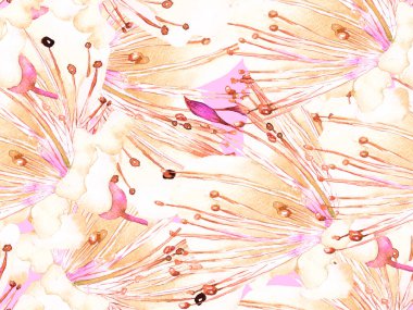 Cesur soyut çiçek deseni. Pembe ve Sarı Arkaplanda Büyük Orman Kusursuz Parmak izi. Büyük Egzotik Yaz Suluboya Granadilla Sonsuz Arkaplan. Modern Kalın Soyut Çiçek Deseni.