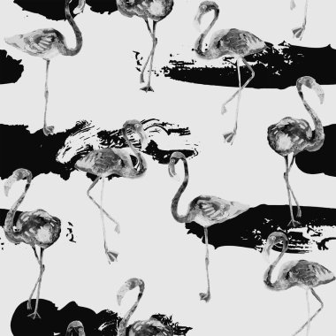 Flamingo deseni. Tropikal yaz siyah baskısı. Kuşlarla dolu egzotik bahar tekstil arka planı. Moda Hawai Ormanı tekrar eden pürüzsüz fayanslar. Çizgili botanik mayo tasarımı. Miami Vahşi Hayatı.