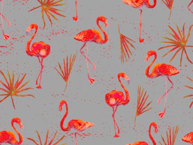 Büyük flamingo hippi kızıl Hawaii 'nin kusursuz deseni. Yaz tropikal kuşları sonsuz baskıyı suluboya. Yaban kuşlarıyla minimalist geometrik mayo arka planı. Flamingolu yatay fayans.