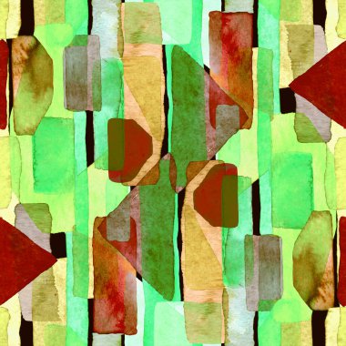 Bauhaus deseni. Yeşil geometrik, soyut, dikişsiz, sulu boya. Suluboya çizgili arka plan. Kaleydoskop çizgileri. Çağdaş sanat illüstrasyonu. Bauhaus grafik tasarımı. Moda dokusu