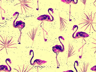 Büyük flamingo hippi kızıl Hawaii 'nin kusursuz deseni. Yaz tropikal kuşları sonsuz baskıyı suluboya. Doymuş hippi mayo, tüylü kuşları olan fayanslar. Suluboya yatay fayans.