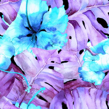 Mavi mor renkli egzotik desen. Suluboya tropik yapraklar. Palm ve Hibiscus bitkileri kusursuz desende. Bahar Hawaii suluboya geçmişi. Tropik palmiyeler, canavarlar, çiçek desenleri..