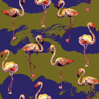 Flamingo deseni. Tropik yaz mavisi kırmızı iz. Kuşlarla dolu egzotik bahar tekstil arka planı. Moda Hawai Ormanı tekrar eden pürüzsüz fayanslar. Çizgili botanik mayo tasarımı. Miami Vahşi Hayatı.