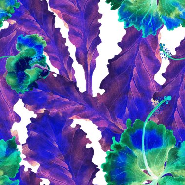 Mavi mor renkli egzotik desen. Suluboya tropik yapraklar. Palm ve Hibiscus bitkileri kusursuz desende. Bahar Hawaii suluboya geçmişi. Avuç içleri, canavarlar, mayo izleri..