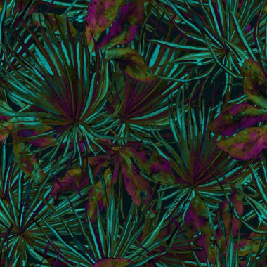 Tropikal desen. Suluboya egzotik çiçekler ve canavar yaprakları. Siyah yeşil bitkiler pürüzsüz desende. Yaz Hawaii suluboya geçmişi. Tropik palmiyeler, canavarlar, çiçek desenleri..