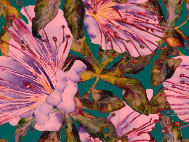 Bold Floral Print. Yeşil ve Kırmızı Arkaplanda Büyük Tropikal Kusursuz Parmak izi. Büyük Egzotik Yaz Suluboya Lilikoi Sonsuz Geçmişi. Moda Kalın Çiçek Yazdırma.