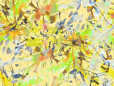 Sıvı, pürüzsüz desen. Sarı suluboya fırça darbesi grunge tasarımı. Suluboya soyut sıçrama boyası tasarımı. Kademeli mürekkep lekeleri. Çamur tabakası. Sıvı damlayan fırça sonsuz iz.