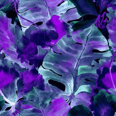 Yaz döngüsü. Suluboya tropik çiçekler ve canavar yaprakları. Palm ve Hibiscus bitkileri kusursuz desende. Bahar Hawaii suluboya geçmişi. Tropik palmiyeler, canavarlar, çiçek desenleri..