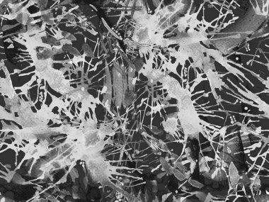 Sıvı, pürüzsüz desen. Siyah beyaz suluboya fırça darbesi grunge tasarımı. Suluboya soyut sıçrama boyası tasarımı. Elle çizilmiş mürekkep lekeleri. Toprak sıçrama deseni. Sıvı damlayan fırça sonsuz iz. 