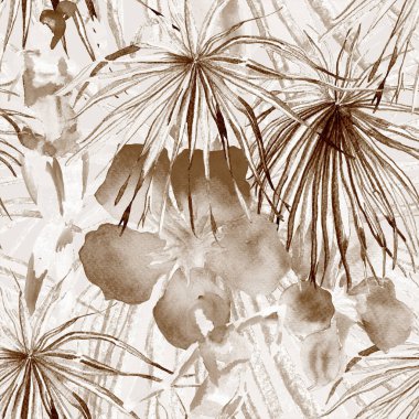 Yaz plajı deseni. Mayo giymiş insanlar egzotik palmiye, yaprak ve çiçeklerin arasında duruyorlar. Kahverengi kirli parmak izi. Tropik Hawai suluboyası, pürüzsüz fayans. Bikini Miami, güneşlenen kızlar.. 