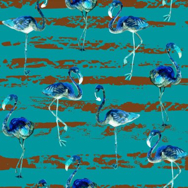 Flamingo deseni. Tropik yaz mavisi kırmızı iz. Kuşlarla dolu egzotik bahar tekstil arka planı. Moda Hawai Ormanı tekrar eden pürüzsüz fayanslar. Çizgili botanik mayo tasarımı. Miami Vahşi Hayatı.