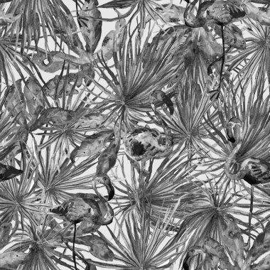 Flamingo deseni. Tropik yaz siyah beyaz baskısı. Kuşlarla dolu egzotik bahar canavarları. Moda Hawai Ormanı tekrar eden pürüzsüz fayanslar. Palm Botanik mayo tasarımı. Miami Vahşi Hayatı.