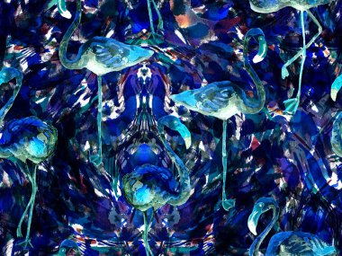 Boho flamingo soyut, kusursuz desen. Mavi çivit mavisi egzotik kuş dokusu. Suluboya bohem Fas baskısı. Mayo, soyut tropikal iç baskısı. Fırça darbesi arka plan