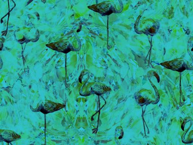 Boho flamingo soyut, kusursuz desen. Mavi çivit mavisi egzotik kuş dokusu. Suluboya bohem Fas baskısı. Mayo, soyut tropikal iç baskısı. Fırça darbesi arka plan