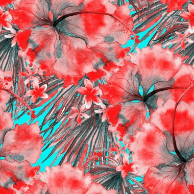 Tropikal desen. Suluboya egzotik çiçekler ve canavar yaprakları. Kırmızı mavi bitkiler pürüzsüz desende. Yaz Hawaii suluboya geçmişi. Tropik palmiyeler, canavarlar, çiçek desenleri..