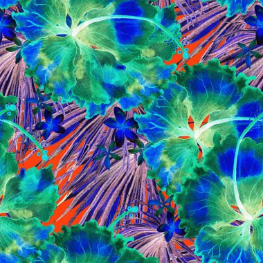 Tropikal desen. Suluboya egzotik çiçekler ve canavar yaprakları. Kırmızı yeşil bitkiler pürüzsüz desende. Yaz Hawaii suluboya geçmişi. Tropik palmiyeler, canavarlar, çiçek desenleri..