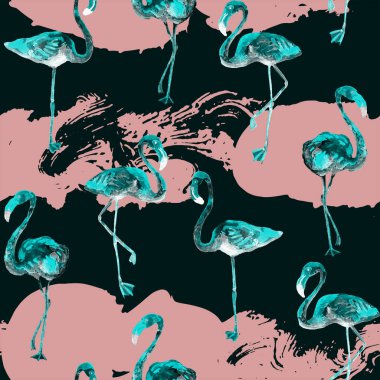 Flamingo deseni. Tropik yaz mavisi kırmızı iz. Kuşlarla dolu egzotik bahar tekstil arka planı. Moda Hawai Ormanı tekrar eden pürüzsüz fayanslar. Çizgili botanik mayo tasarımı. Miami Vahşi Hayatı.