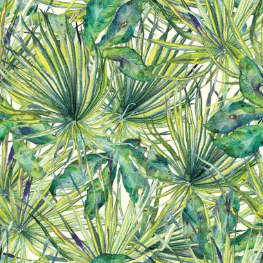 Tropikal desen. Suluboya egzotik çiçekler ve canavar yaprakları. Kusursuz desenli beyaz yeşil bitkiler. Yaz Hawaii suluboya geçmişi. Tropik palmiyeler, canavarlar, çiçek desenleri..