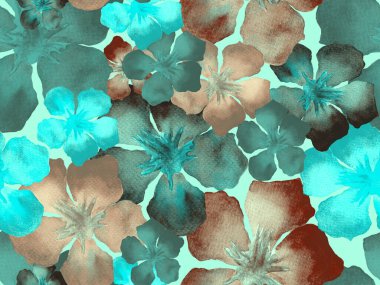 Hawaii suluboya deseni. Çivit mavisi, tropikal, dikişsiz iz. Hibiscus ve zakkum Hawaii 'de. Aloha mayo tasarımı. Egzotik buket moda illüstrasyonu. Suluboya yatay fayans.