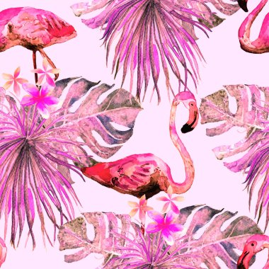 Flamingo deseni. Tropik yaz beyaz kırmızı baskısı. Kuşlarla dolu egzotik bahar tekstil arka planı. Moda Hawai Ormanı tekrar eden pürüzsüz fayanslar. Palm Botanik mayo tasarımı. Miami Vahşi Hayatı.
