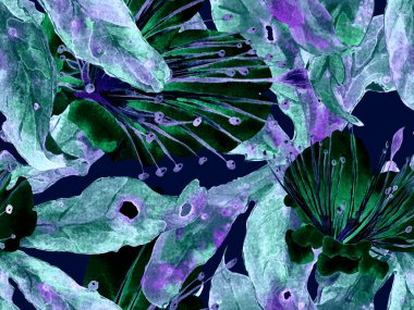 Kalın Çiçek deseni. Yeşil, Mavi Arkaplanda Büyük Hawaii Kusursuz Parmak izi. Büyük Tropik Yaz Aquarelle Granadilla Sonsuz Arkaplan. Kalın Çiçek Tasarımı.