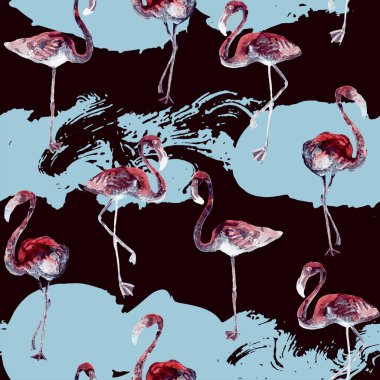 Flamingo deseni. Tropik yaz mavisi kırmızı iz. Kuşlarla dolu egzotik bahar tekstil arka planı. Moda Hawai Ormanı tekrar eden pürüzsüz fayanslar. Çizgili botanik mayo tasarımı. Miami Vahşi Hayatı.