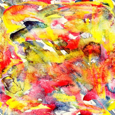 Fırça darbeleri. Sarı kırmızı suluboya geometri baskısı. Pastel boyalı suluboya arka plan. El çizimi soyut sanat çizgisi. Tekrar eden mayo desenli. Fırça izi.