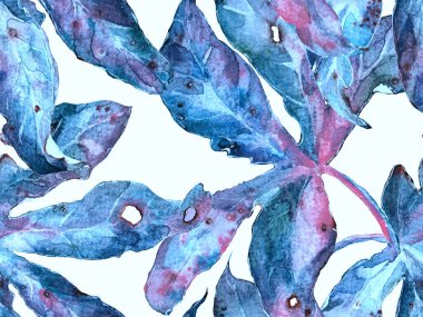 Kalın Çiçekler. Blue 'da Büyük Ormansız Parmak İzi, Indigo Arkaplan. Geniş Egzotik Bahar Suluboya Lilikoi Sonsuz Geçmişi. Soyut Kalın Çiçek Yazdırma. 