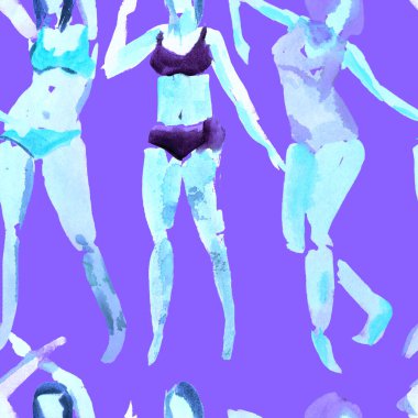 Yaz plajı deseni. Mayolu insanlar kuyrukta bekliyor. Ultraviyole renkli kız baskısı. Tropik Hawai suluboyası, pürüzsüz fayans. Bikini Miami kızları güneşlendiriyor. Bikinili kadınlar.