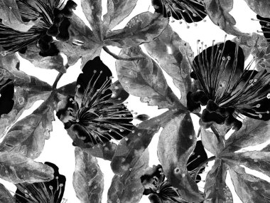 Çiçek desenli moda. Siyah ve Beyaz Arkaplanda Büyük Orman Kusursuz Parmak izi. Büyük Orman Bahar Aquarelle Granadilla Sonsuz Arkaplan. Rastgele Çiçek Deseni.