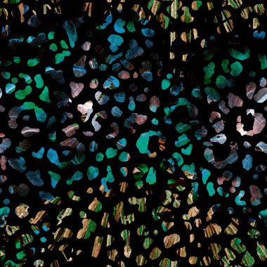 Leopar dikişsiz suluboya deseni. Siyah mavi, egzotik, pürüzsüz desen. Kabile kedisi izleri. Minimum el çizimi yaz çitası arkaplanı. Hayvan derisi izin veren mürekkep uyumluluğu.