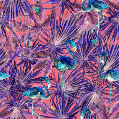 Flamingo deseni. Tropik yaz ultraviyole izi. Kuşlarla dolu egzotik bahar tekstil arka planı. Moda Hawai Ormanı tekrar eden pürüzsüz fayanslar. Palm Botanik mayo tasarımı. Miami Vahşi Hayatı.