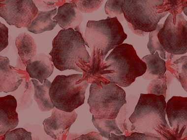 Hawaii suluboya deseni. Pembe kırmızı tropikal desensiz çiçek deseni. Hibiscus ve zakkum Hawaii 'de. Aloha mayo tasarımı. Egzotik buket moda illüstrasyonu. Suluboya yatay fayans.