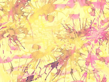 Tehlike izi yok. Sarı suluboya fırça darbesi grunge tasarımı. Suluboya soyut sıçrama boyası tasarımı. Elle çizilmiş mürekkep lekeleri. Toprak sıçrama deseni. Sıvı damlayan fırça sonsuz iz. 