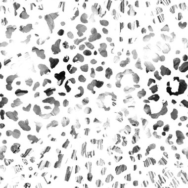 Leopar dikişsiz suluboya deseni. Siyah beyaz, egzotik, pürüzsüz desen. Kamuflaj izi. Minimum el çizimi geometrik çita arkaplanı. Hayvan derisi izin veren mürekkep uyumluluğu.