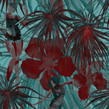 Yaz plajı deseni. Mayo giymiş insanlar egzotik palmiye, yaprak ve çiçeklerin arasında duruyorlar. Yeşil turkuaz parmak izi. Tropik Hawai suluboyası, pürüzsüz fayans. Bikini Miami, güneşlenen kızlar.. 